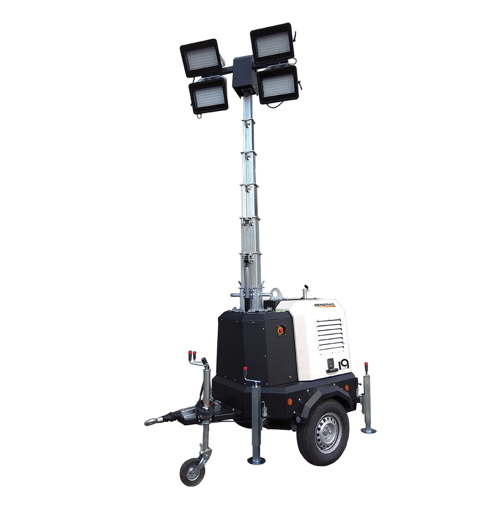 Mobile LED lighting tower for construction sites and outdoor events